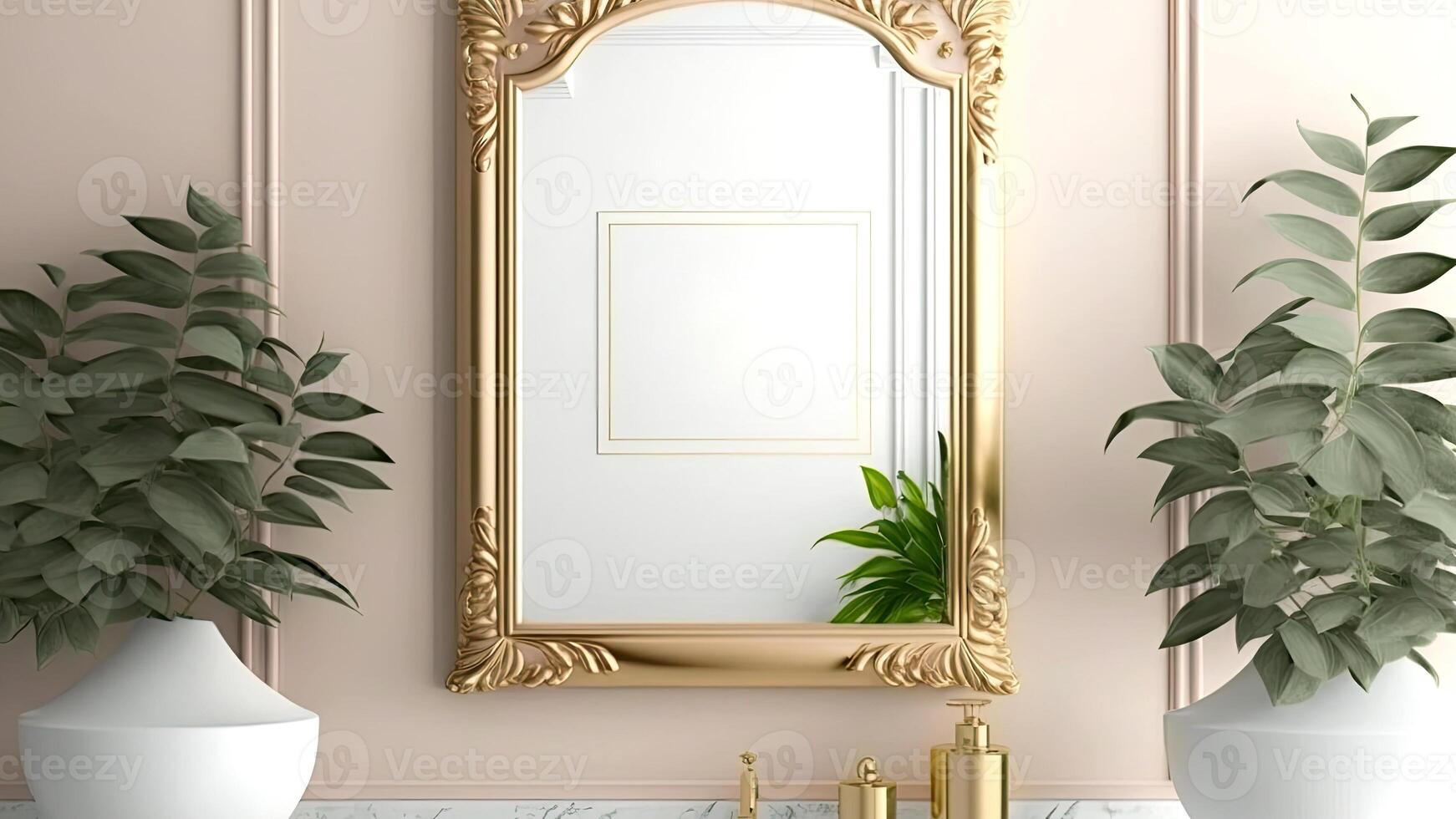 renovado banheiro com uma vaidade gabinete, dourado quadro, Armação espelho com uma Visão para frente parede, plantas panelas contra parede painéis. generativo ai. foto