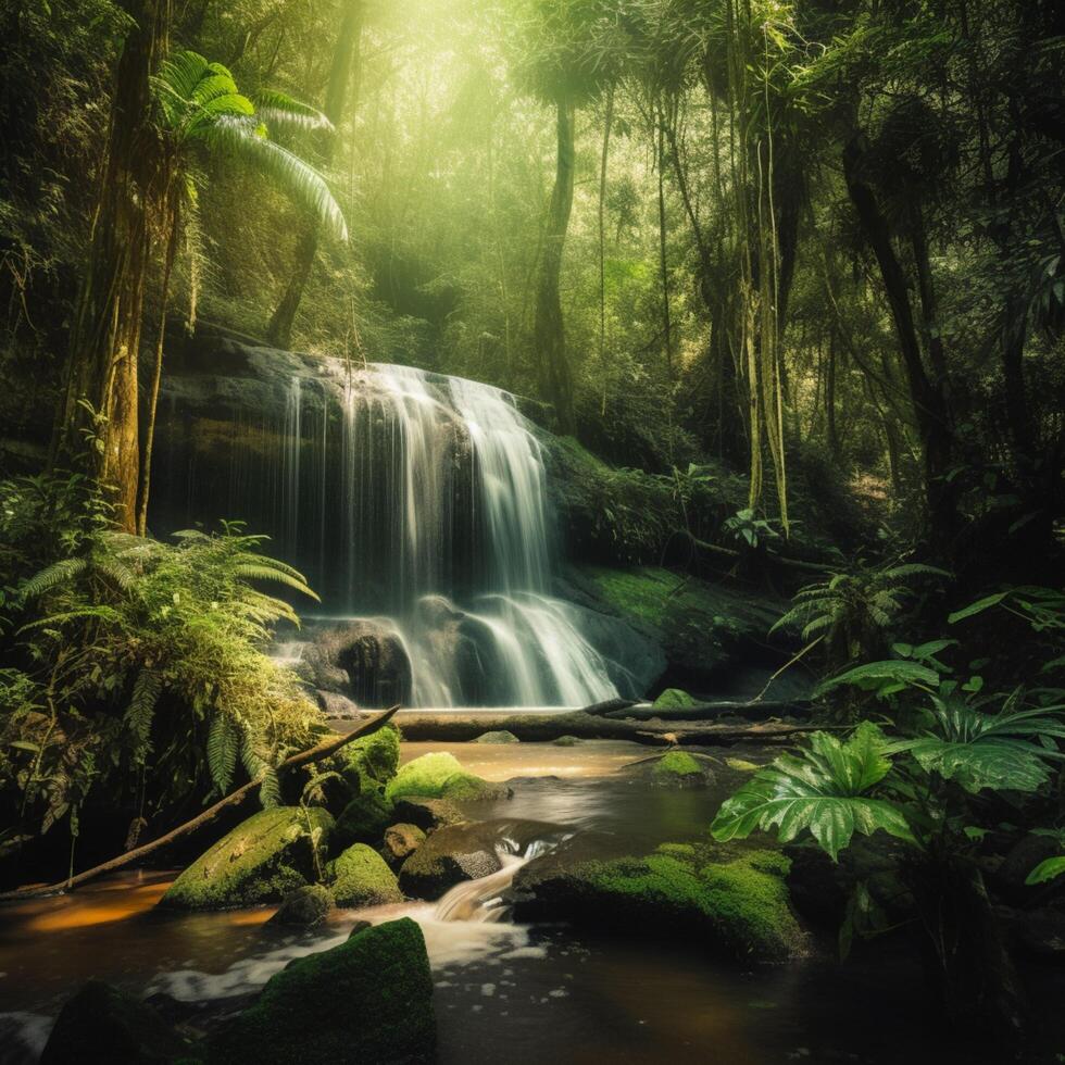 cascata dentro selva tropical floresta ai gerado foto