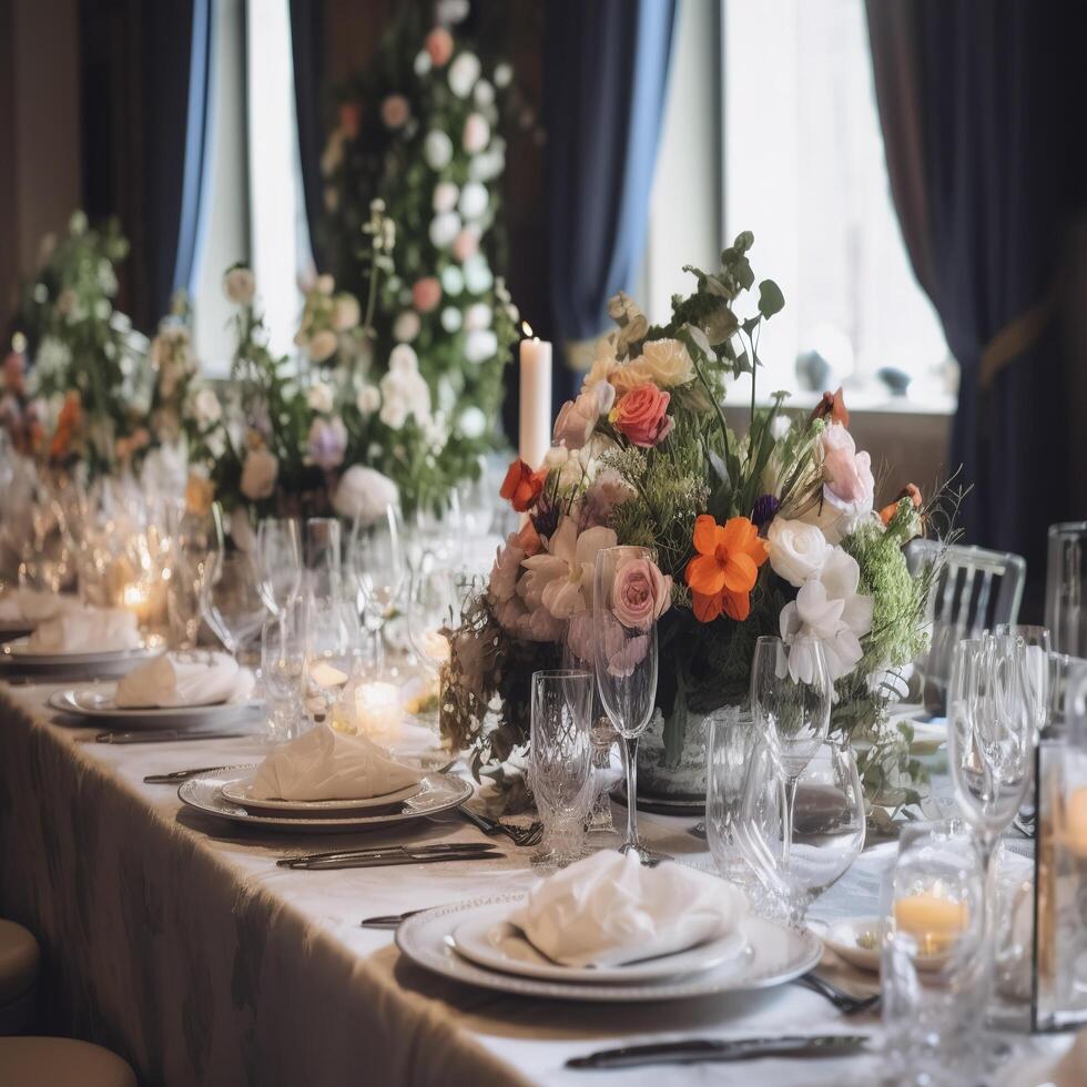 mesa configuração às uma luxo Casamento e lindo flores em a mesa , ai generativo foto