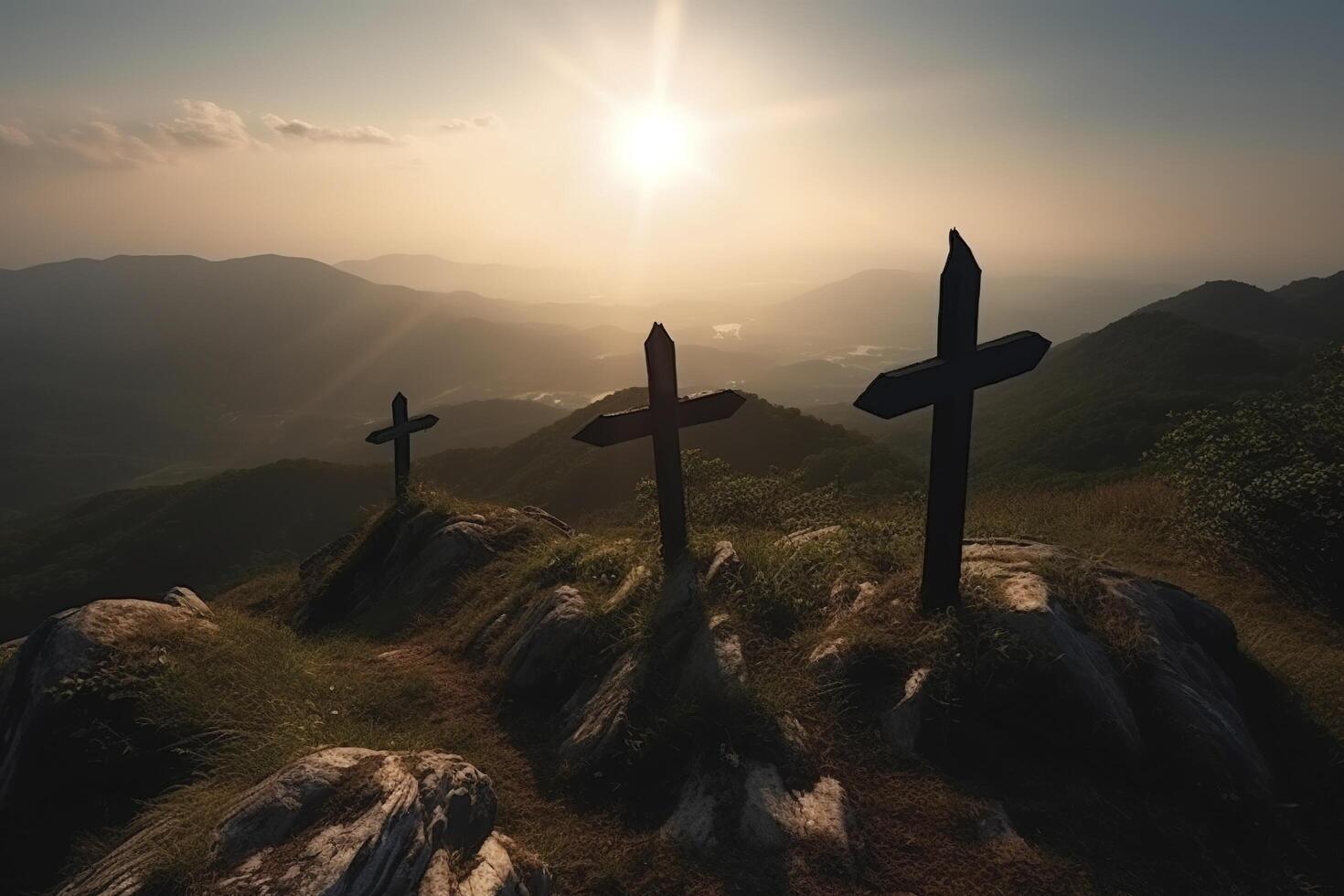 três Cruz em a montanha com Sol luz, crença, fé e espiritualidade, crucificação e ressurreição do Jesus Cristo às páscoa, generativo ai foto