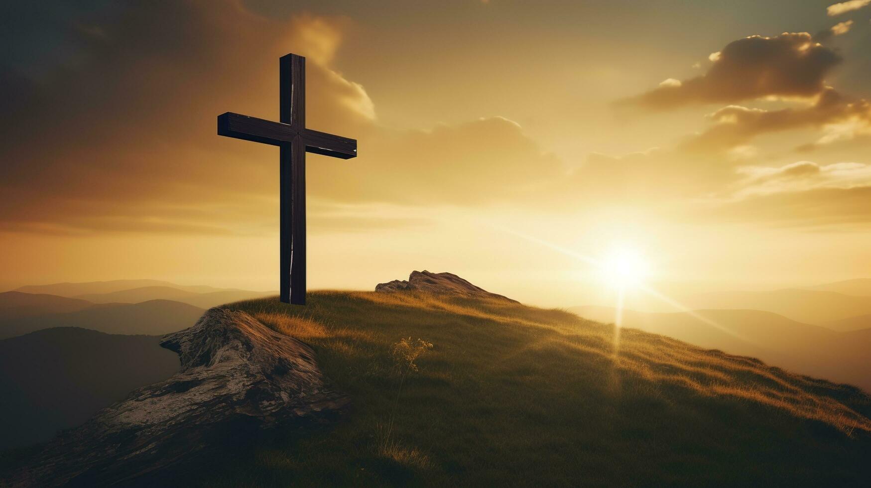 silhuetas do crucifixo símbolo em topo montanha com brilhante raio de Sol em a colorida céu fundo, gerar ai foto
