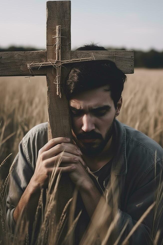 Jesus Cristo crucificado em a Cruz às calvário colina, gerar ai foto