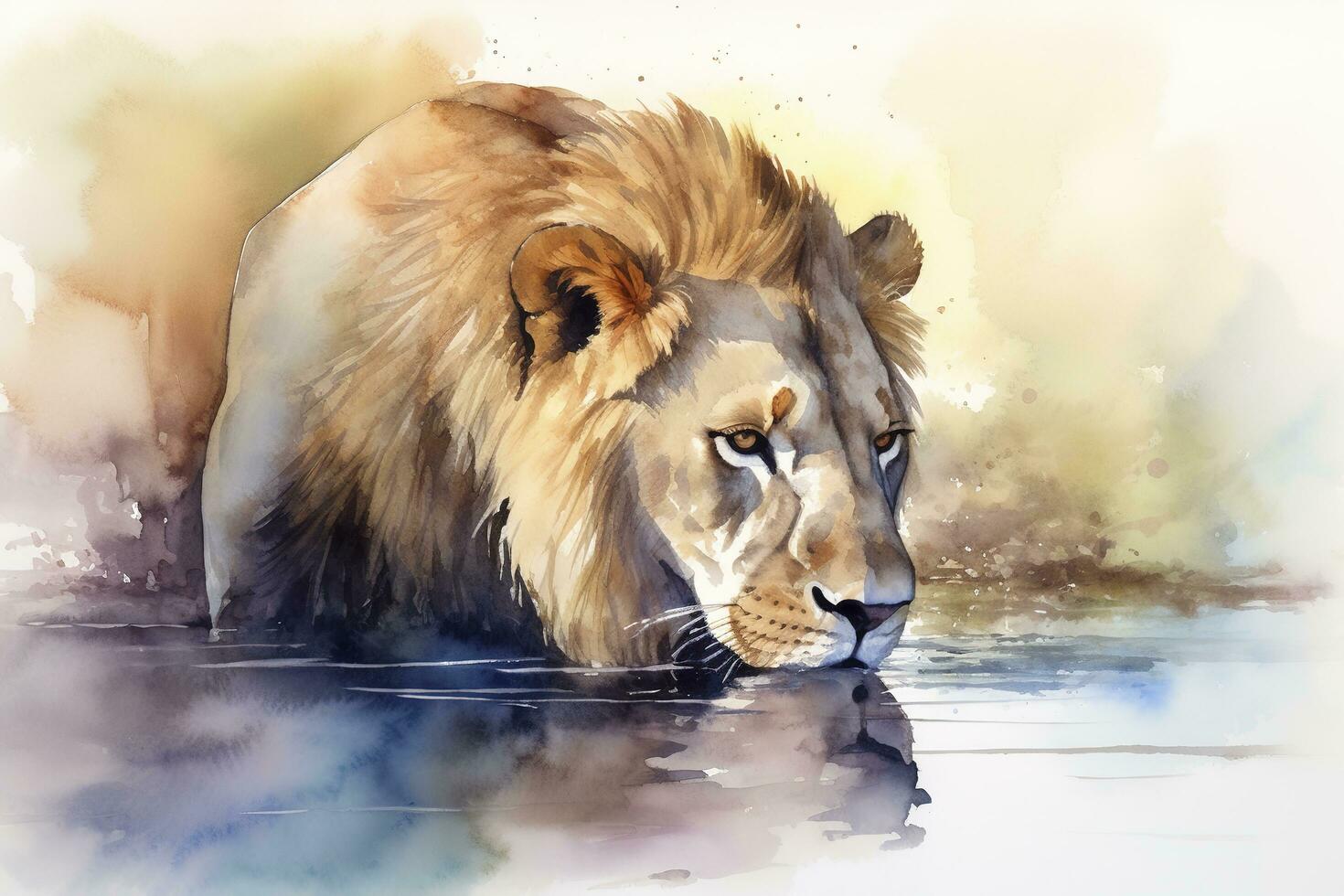 uma leão bebendo a partir de uma rio às pôr do sol aguarela pintura, lindo natural formulários, fresco limpar \ limpo formas, colorida, branco fundo , gerar ai foto