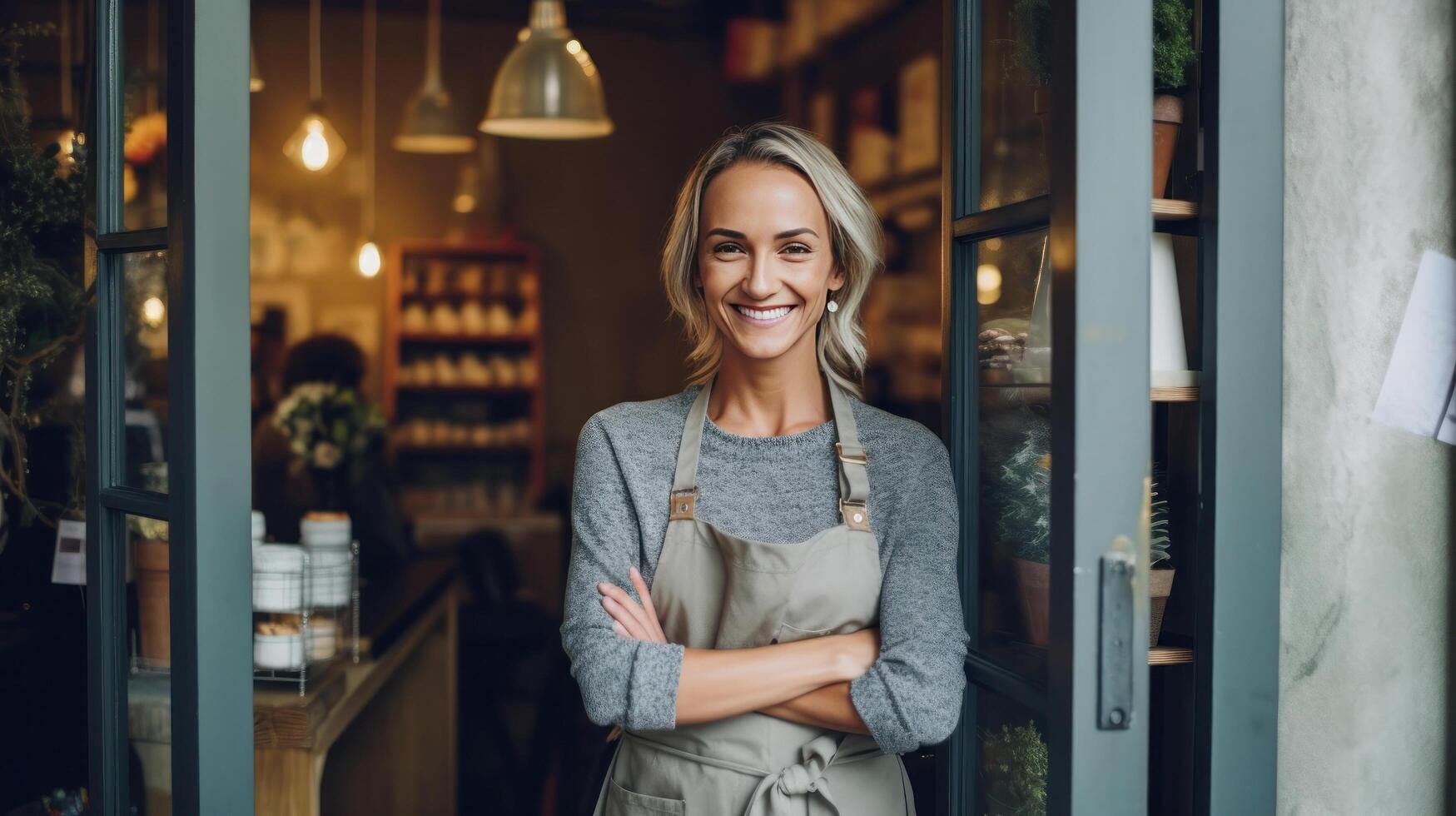 feliz mulher , pequeno o negócio proprietário dentro casual vestindo cinzento avental. ilustração ai generativo foto