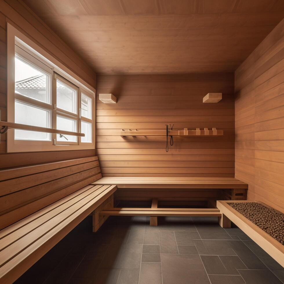acolhedor sauna quarto com de madeira Banco ai gerado foto
