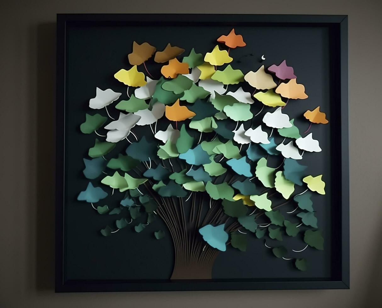 3d colorida ilustração do ginkgo folhas, cervo, e folhas dentro Sombrio fundo. minimalista pintado à mão tela de pintura arte parede quadro, Armação decoração, gerar ai foto