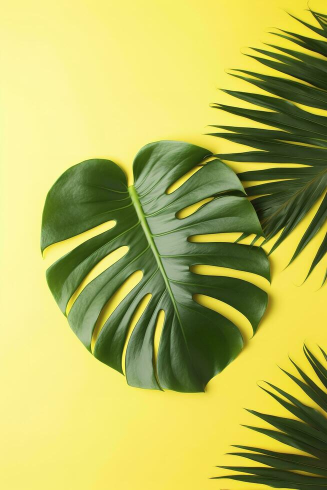 lindo tropical Palma monstera folhas ramo isolado em pastel amarelo fundo, topo visualizar, plano deitar, a sobrecarga acima verão beleza em branco Projeto conceito , gerar ai foto