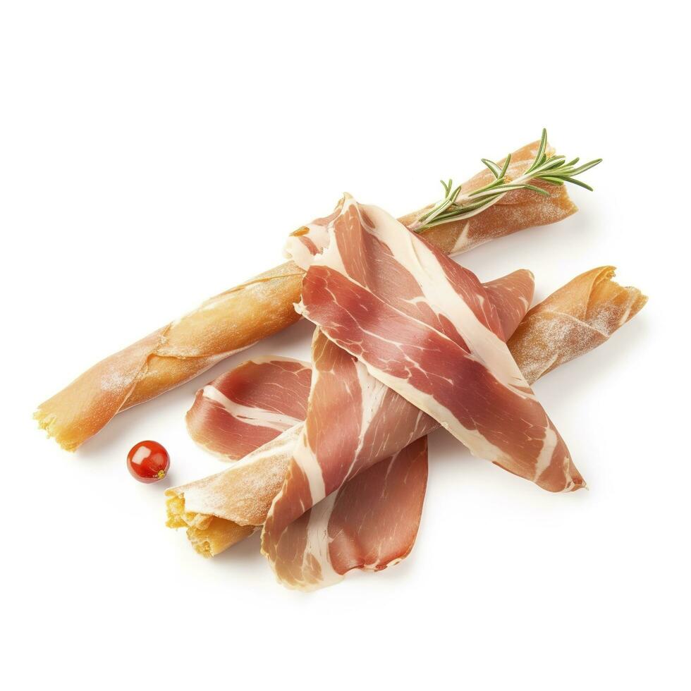 saboroso italiano grissini com fatias do jamon em branco fundo, gerar ai foto