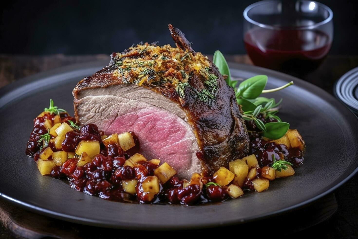 tradicional assado italiano Panettone tagliata di manzo com fatiado carne bife e legumes servido fechar-se em uma nórdico Projeto placa, gerar ai foto