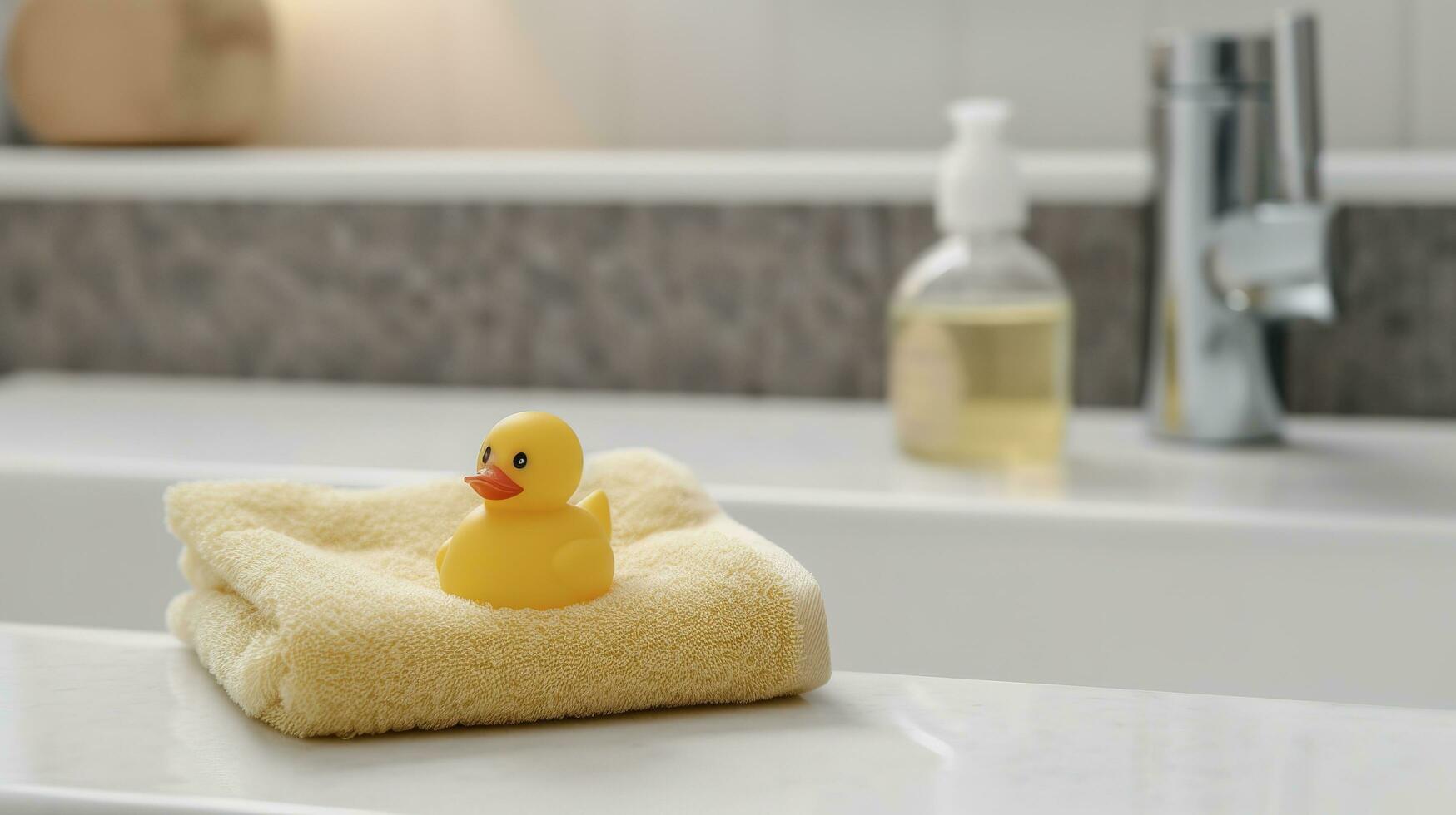 amarelo borracha patinho em branco Terry toalha e dois peças sabão, gerar ai foto