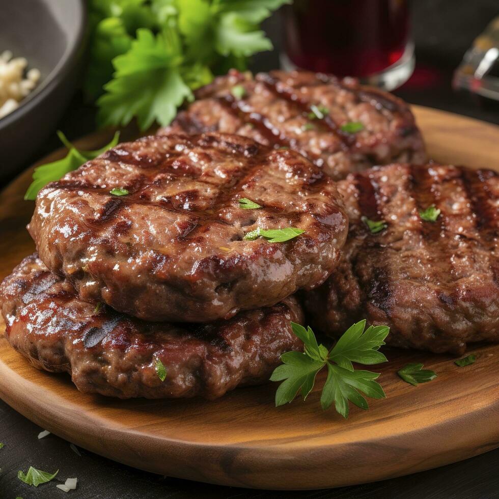 saboroso grelhado Hamburger hambúrgueres com temperos em de madeira mesa, fechar-se, gerar ai foto