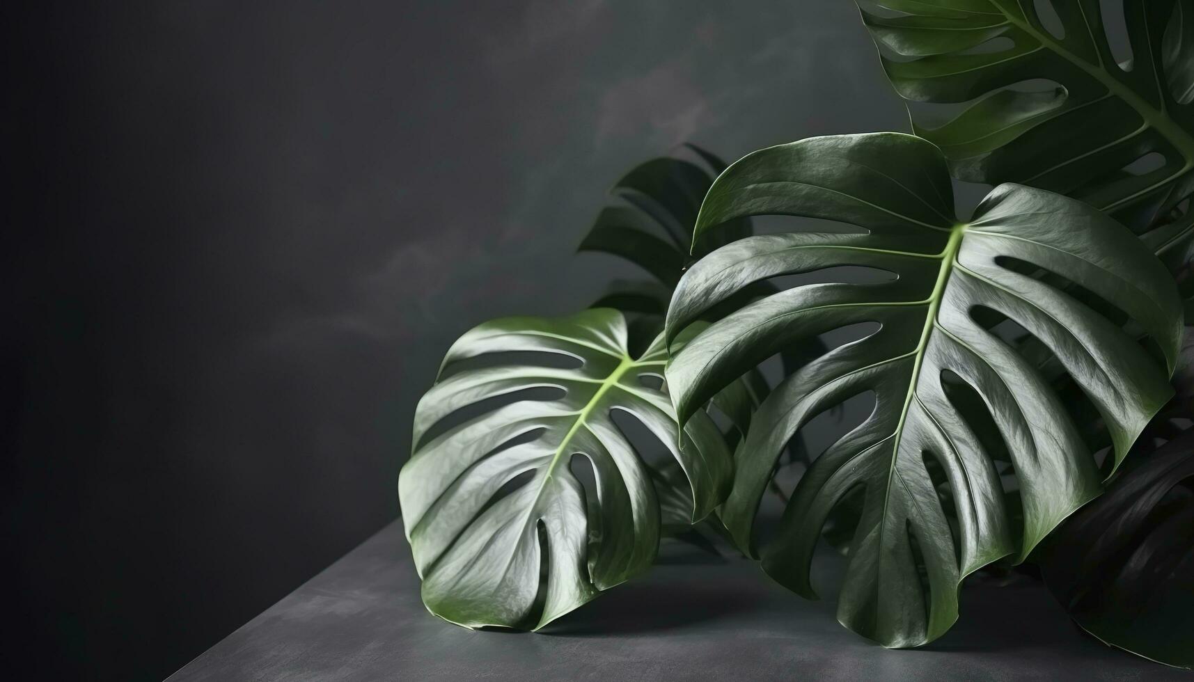 tropical Palma monstera folhas isolado em cinzento mesa fundo. , gerar ai foto