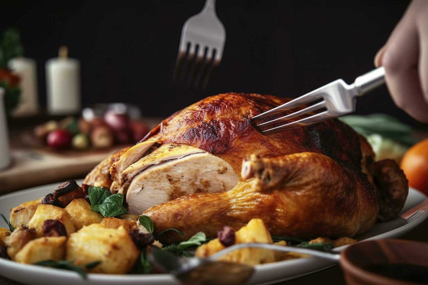 comida, corte assado frango em tábua e jantar, festa ou celebração com Natal ou Ação de graças feriado. social evento, fechar-se e esculpir proteína com faca, gerar ai foto