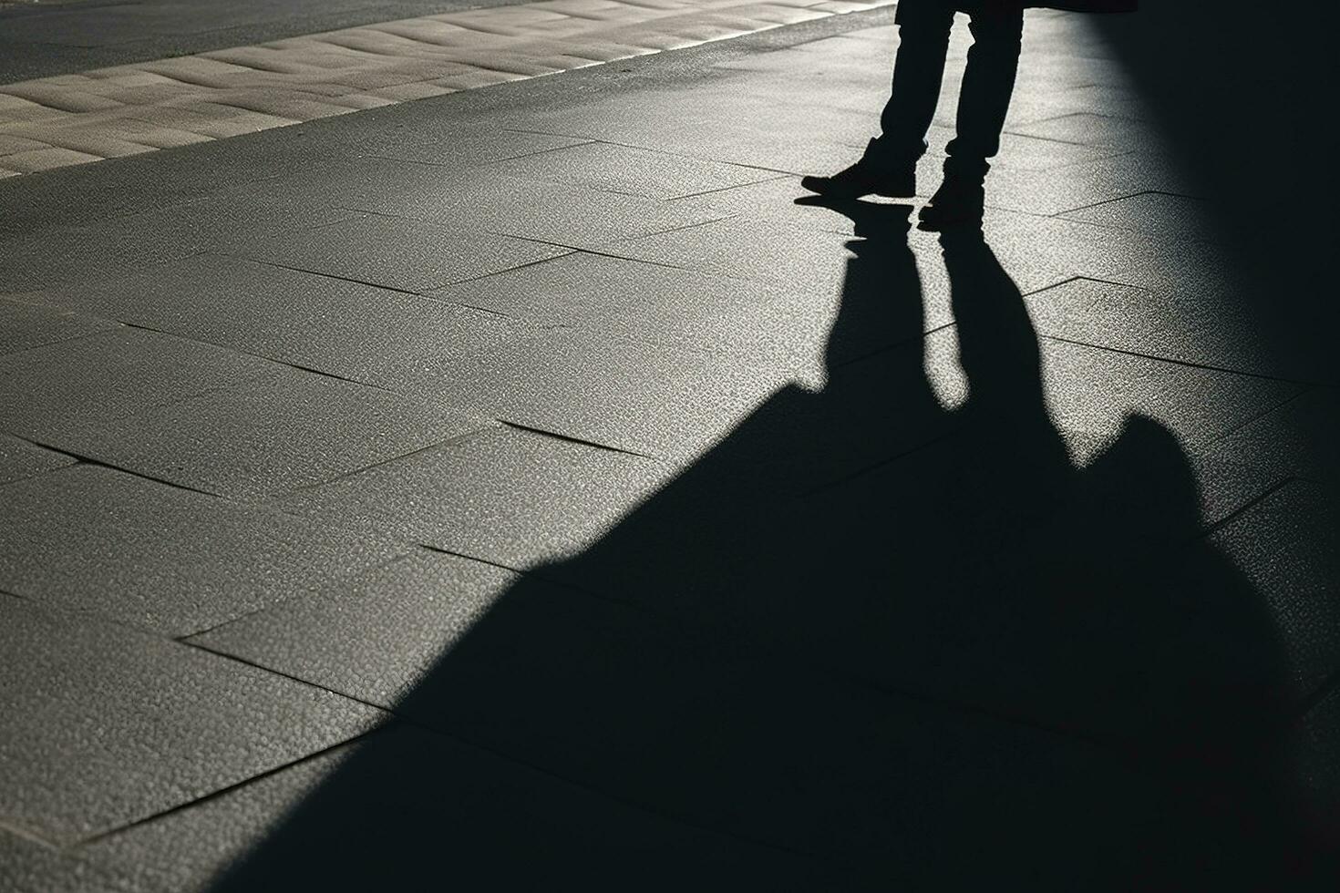 Sombrio sombra do uma solitário pessoa em a terra dentro a rua. desconhecido com uma cigarro. ansiedade, depressão, solidão, medo conceito, gerar ai foto
