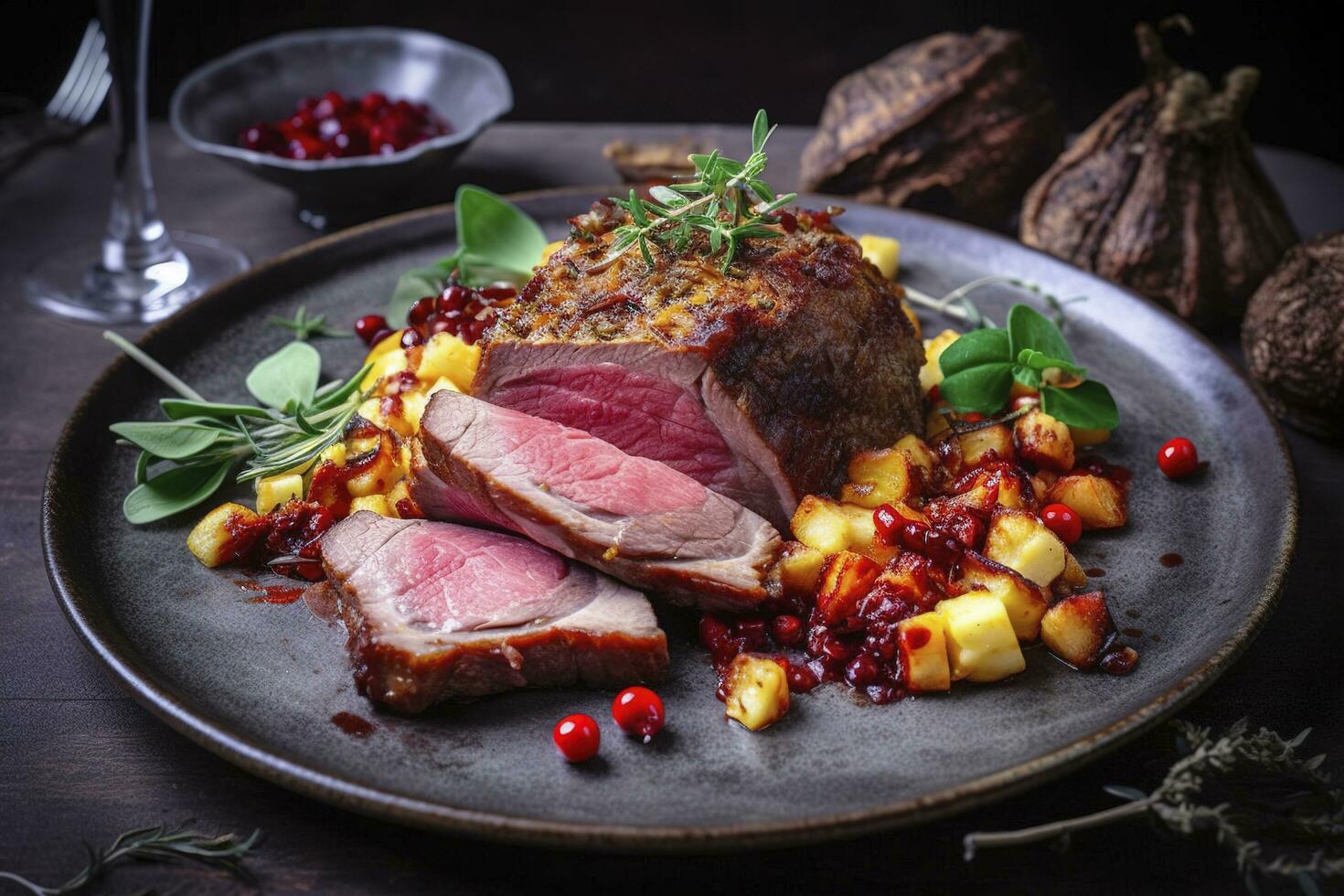 tradicional assado italiano Panettone tagliata di manzo com fatiado carne bife e legumes servido fechar-se em uma nórdico Projeto placa, gerar ai foto