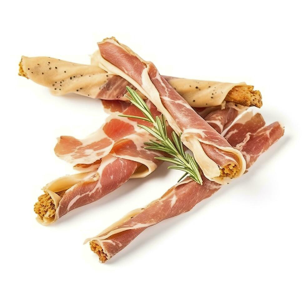 saboroso italiano grissini com fatias do jamon em branco fundo, gerar ai foto