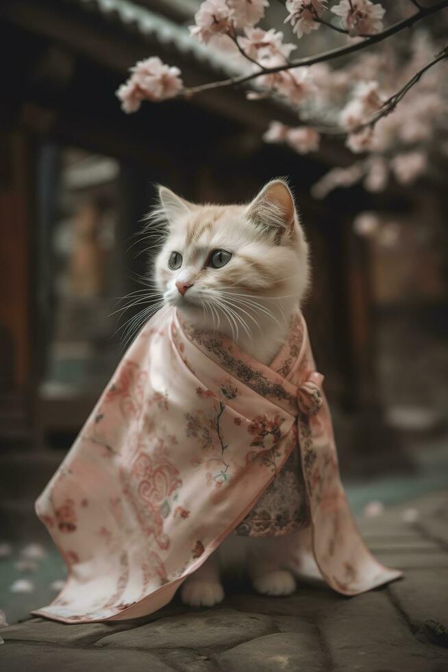 uma fofa miniatura gatinho dentro uma linda chinês vestir, xaile Casamento vestir, chiffon material, chão - comprimento saia com bordado e laceg, gerar ai foto