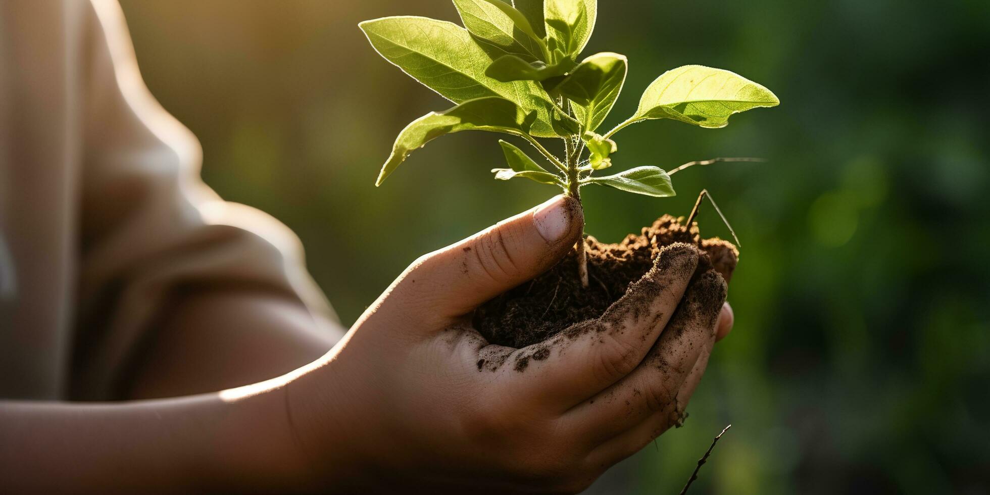 uma criança segurando uma plantar dentro seus mãos com uma verde fundo e luz solar brilhando através a folhas em a plantar, gerar ai foto