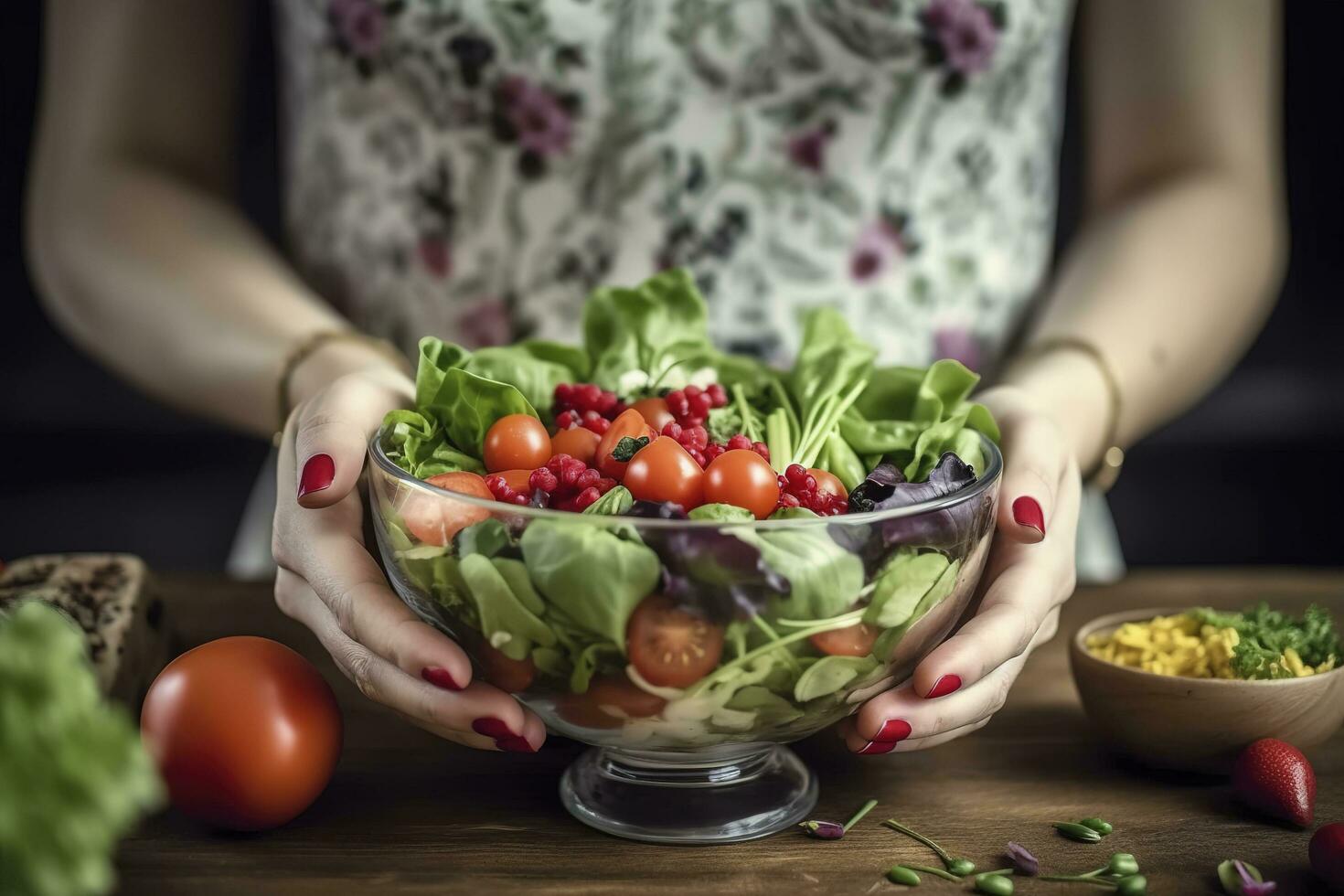 uma Visão do uma jovem mulher mãos segurando uma vidro tigela cheio do uma saudável misturado salada, gerar ai foto