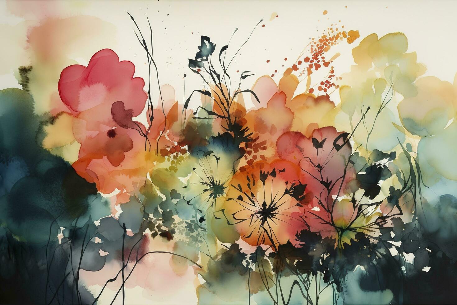 usar aguarela para crio uma Series do abstrato floral padrões, usando cor e forma para capturar a essência do flores sem representando eles realisticamente, gerar ai foto