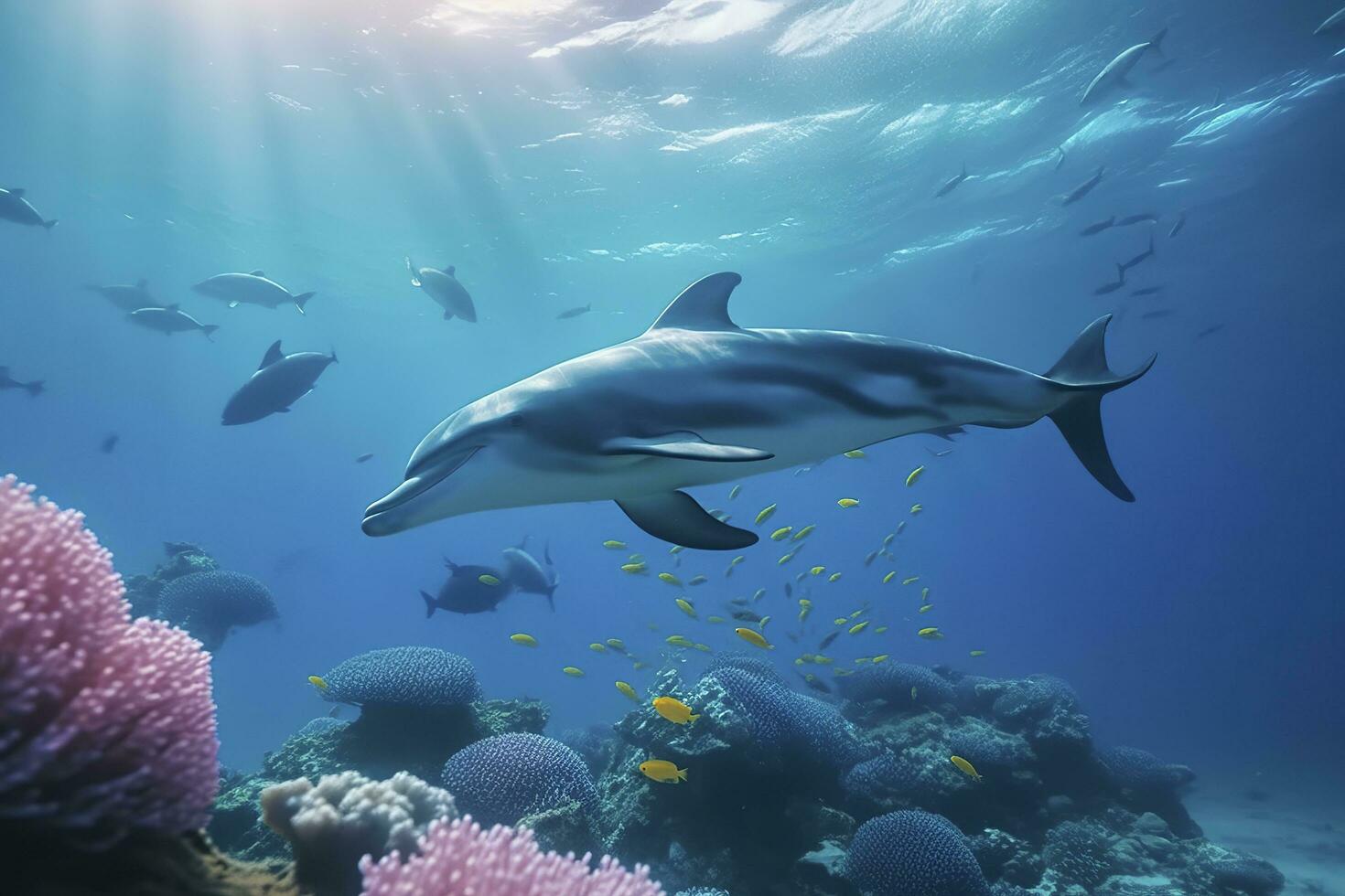 golfinhos natação dentro a submarino, lindo embaixo da agua e colorida coral dentro a selvagem natureza do a pacífico oceano, gerar ai foto