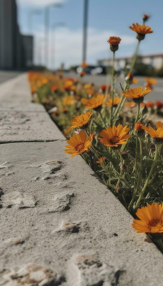 alguns flores estão forrado acima em a lado do uma estrada, dentro a estilo do brutalista, Pato essencial, local medição, concreto, laranja, pradaria essencial, reciclado, gerar ai foto