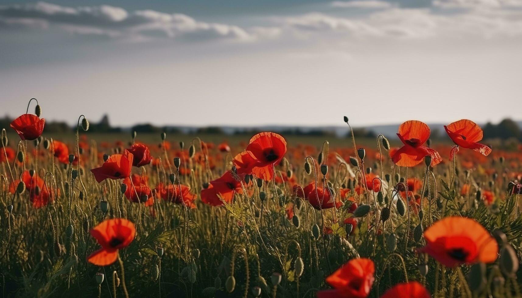 anzac dia memorial papoulas. campo do vermelho papoula flores para honra caído veteranos soldados dentro batalha do anzac armistício dia. flores silvestres florescendo papoula campo paisagem, gerar ai foto