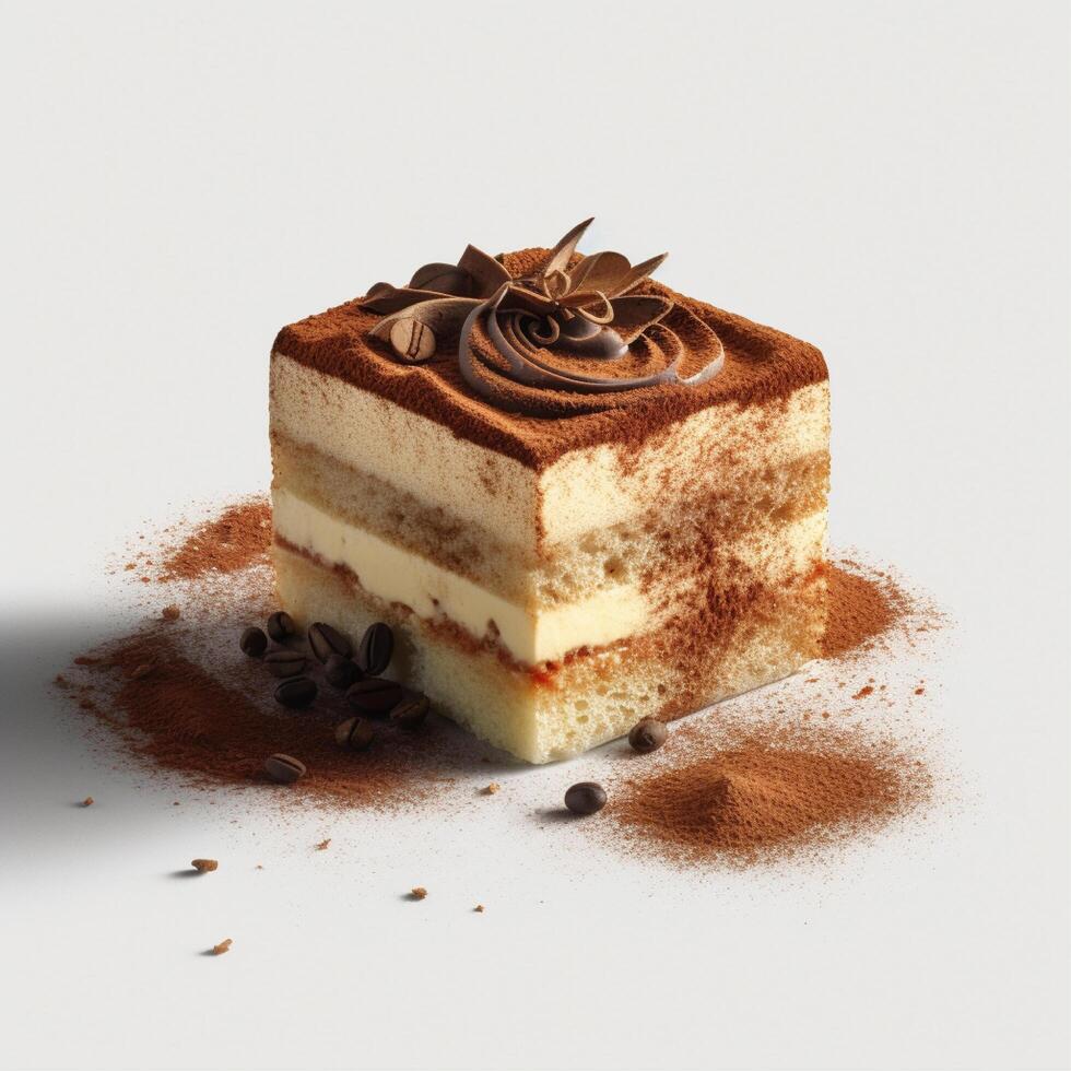 Tiramisu é a italiano bolo de queijo coberto com cacau pó. ai gerado foto