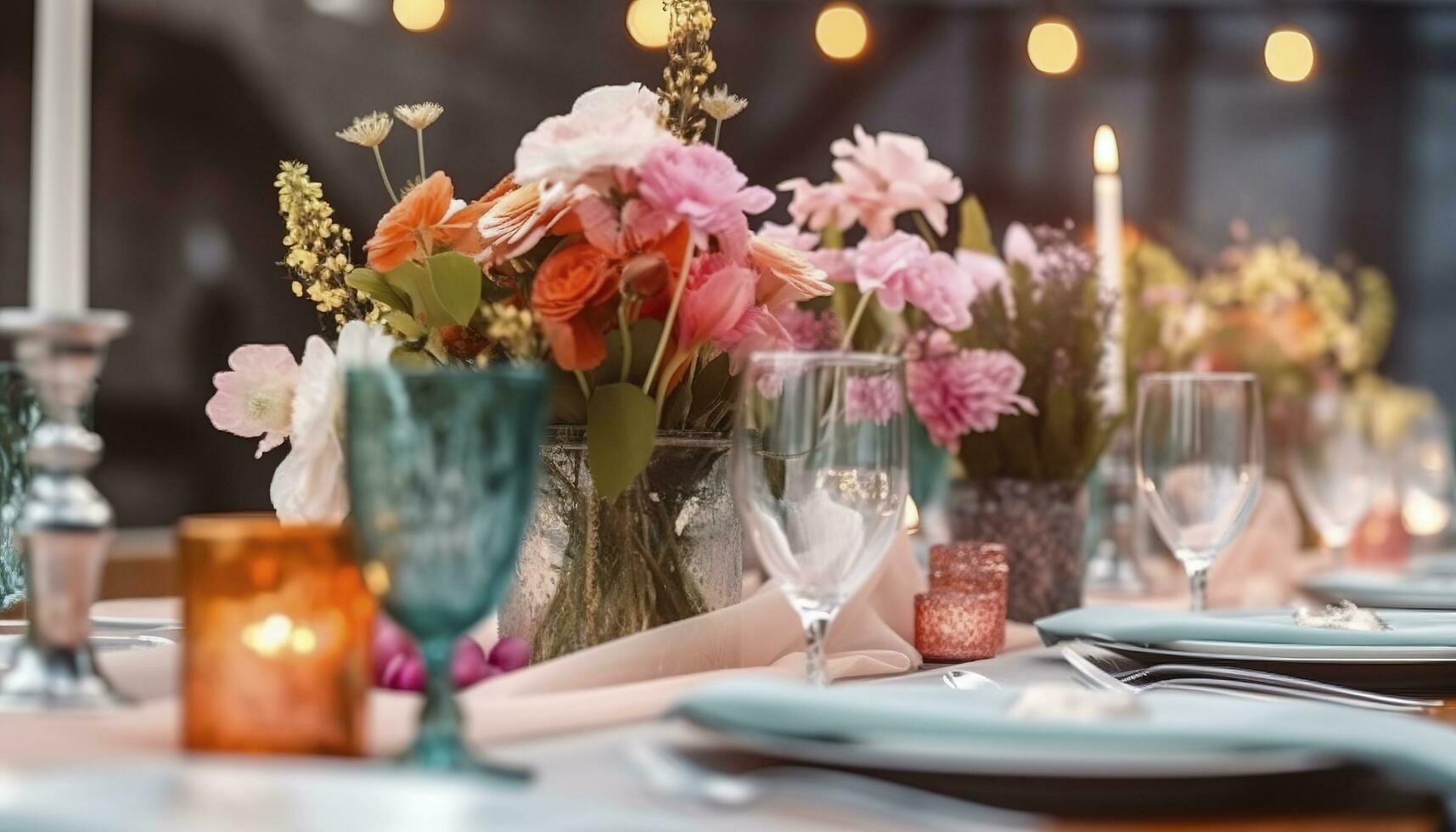 flor mesa decorações para feriados e Casamento jantar. mesa conjunto para feriado, evento, festa ou Casamento recepção dentro ao ar livre restaurante, gerar ai foto