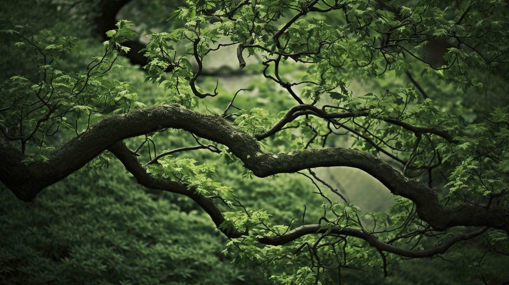 terra dia e mundo meio Ambiente dia, primavera, tropical árvore folhas e ramo com lindo verde floresta fundo, gerar ai foto