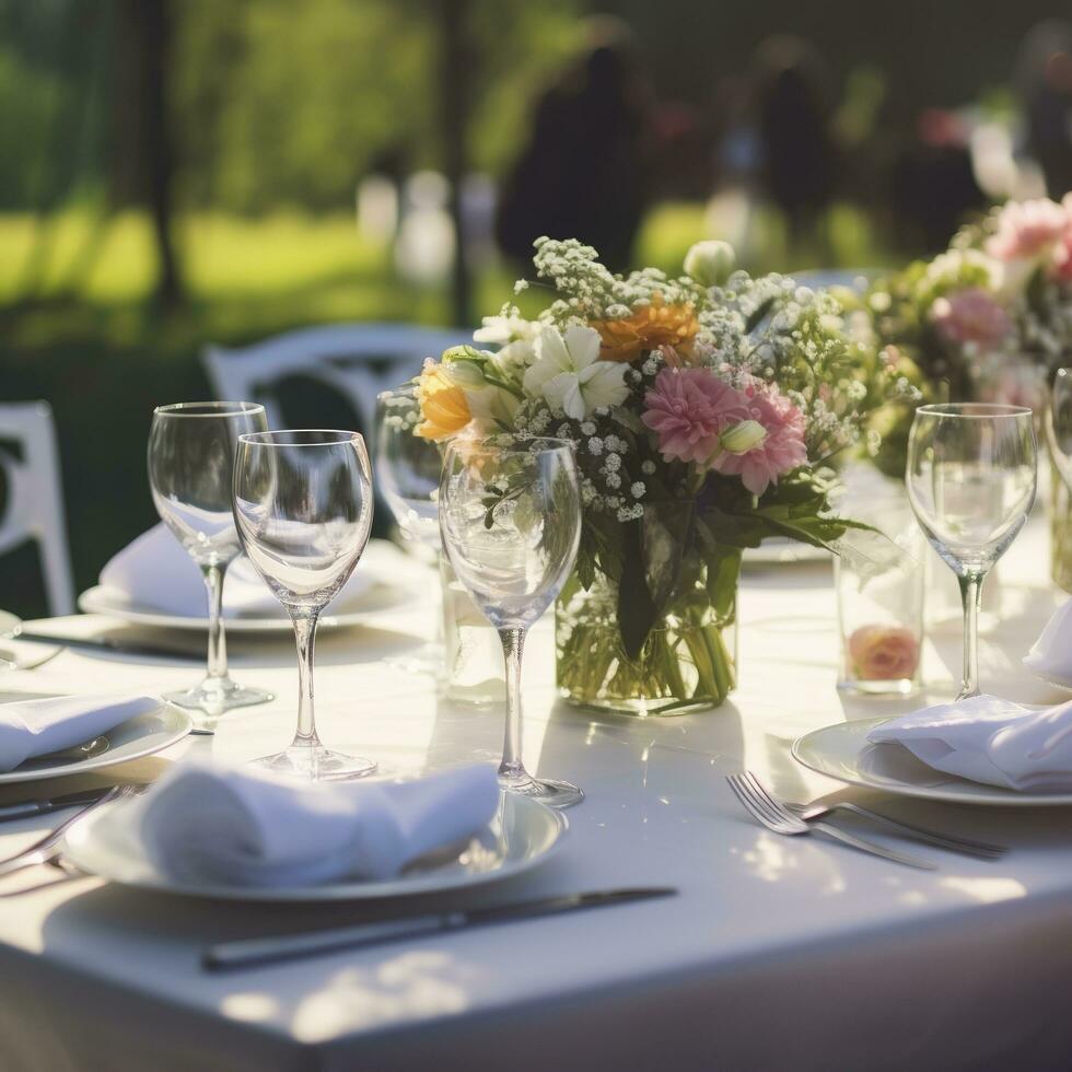 mesa configuração às uma luxo Casamento e lindo flores em a mesa , gerar ai foto