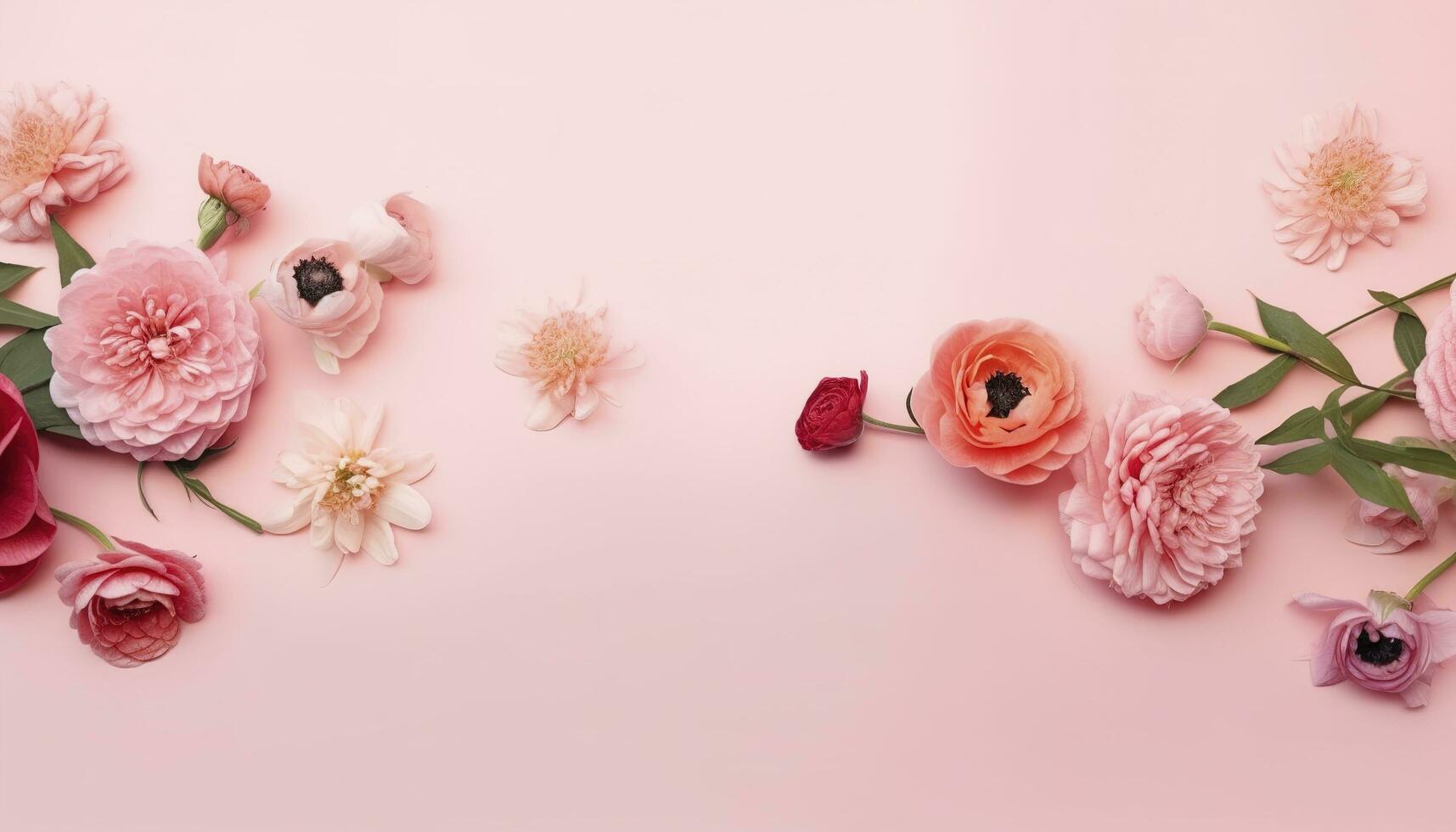topo Visão imagem do Rosa flores composição sobre pastel fundo , gerar ai foto