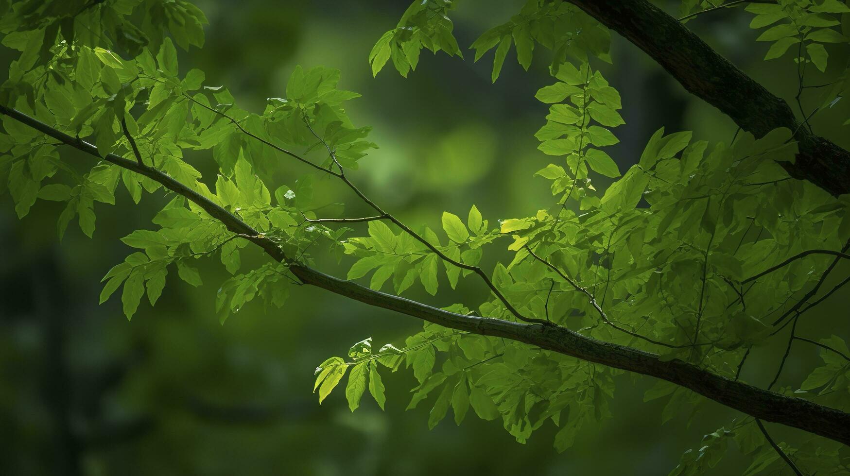 terra dia e mundo meio Ambiente dia, primavera, tropical árvore folhas e ramo com lindo verde floresta fundo, gerar ai foto