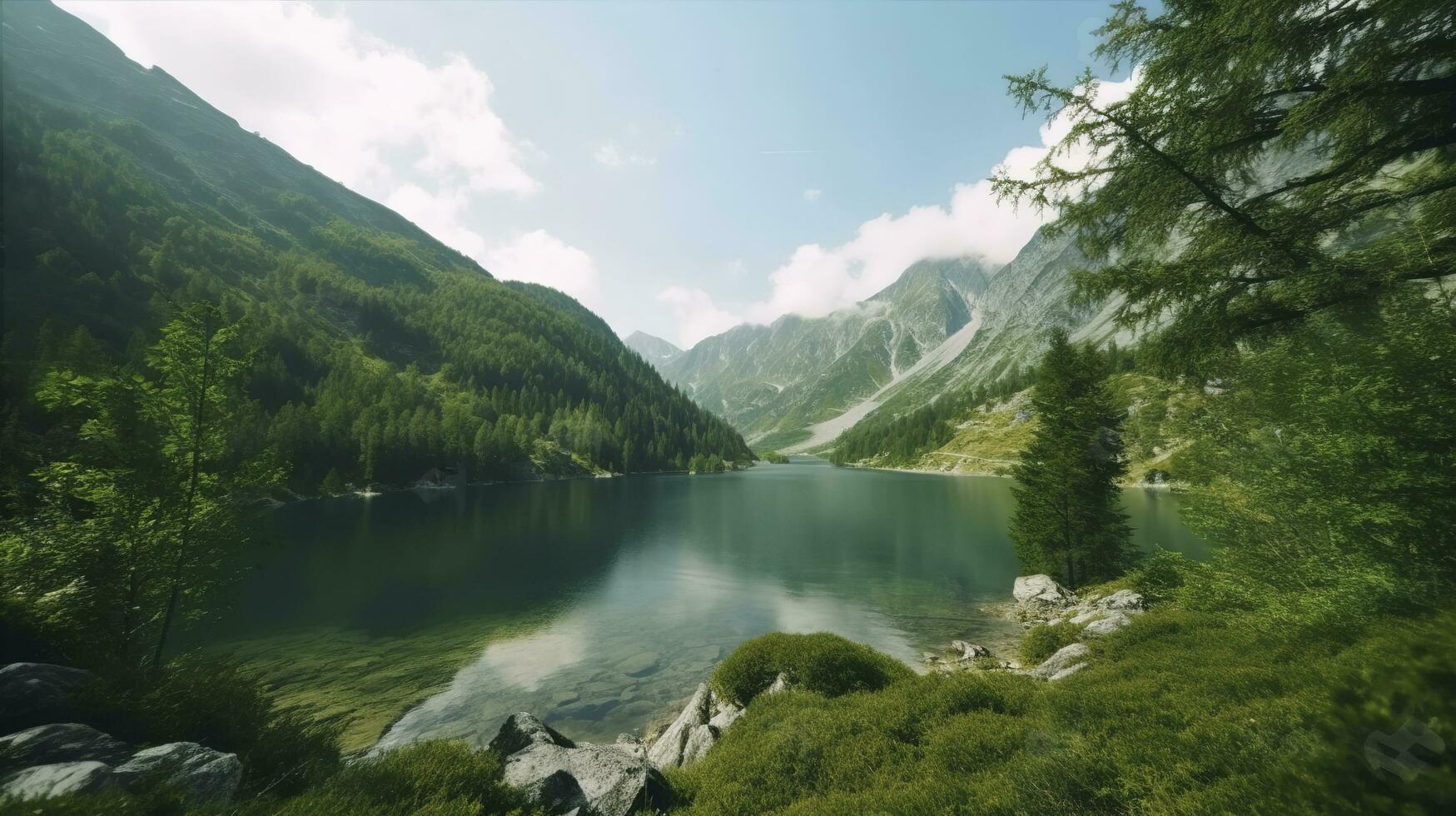 tatra nacional parque, uma lago dentro a montanhas às a alvorecer, gerar ai foto