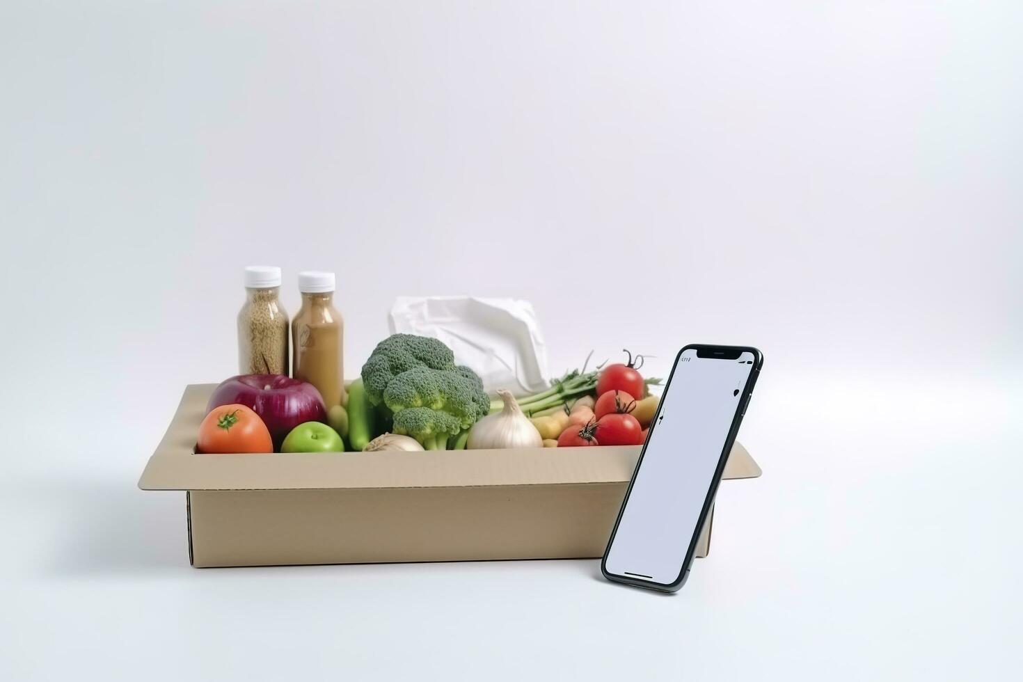 Smartphone com Comida Entrega inscrição sobre mesa com fresco mercearias isolado em branco fundo, gerar ai foto