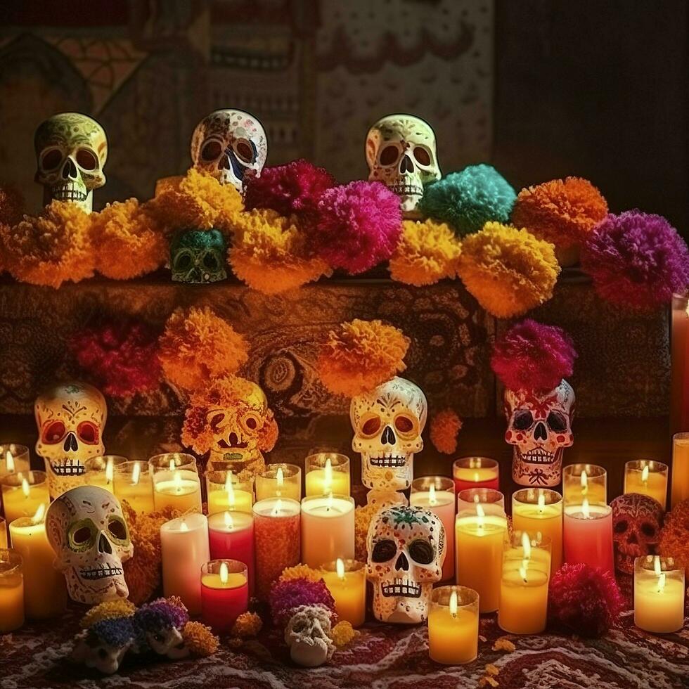 dia de los muertos crânios, flores velas, carnaval colorida, muitos do flor dentro a fundo, gerar ai foto