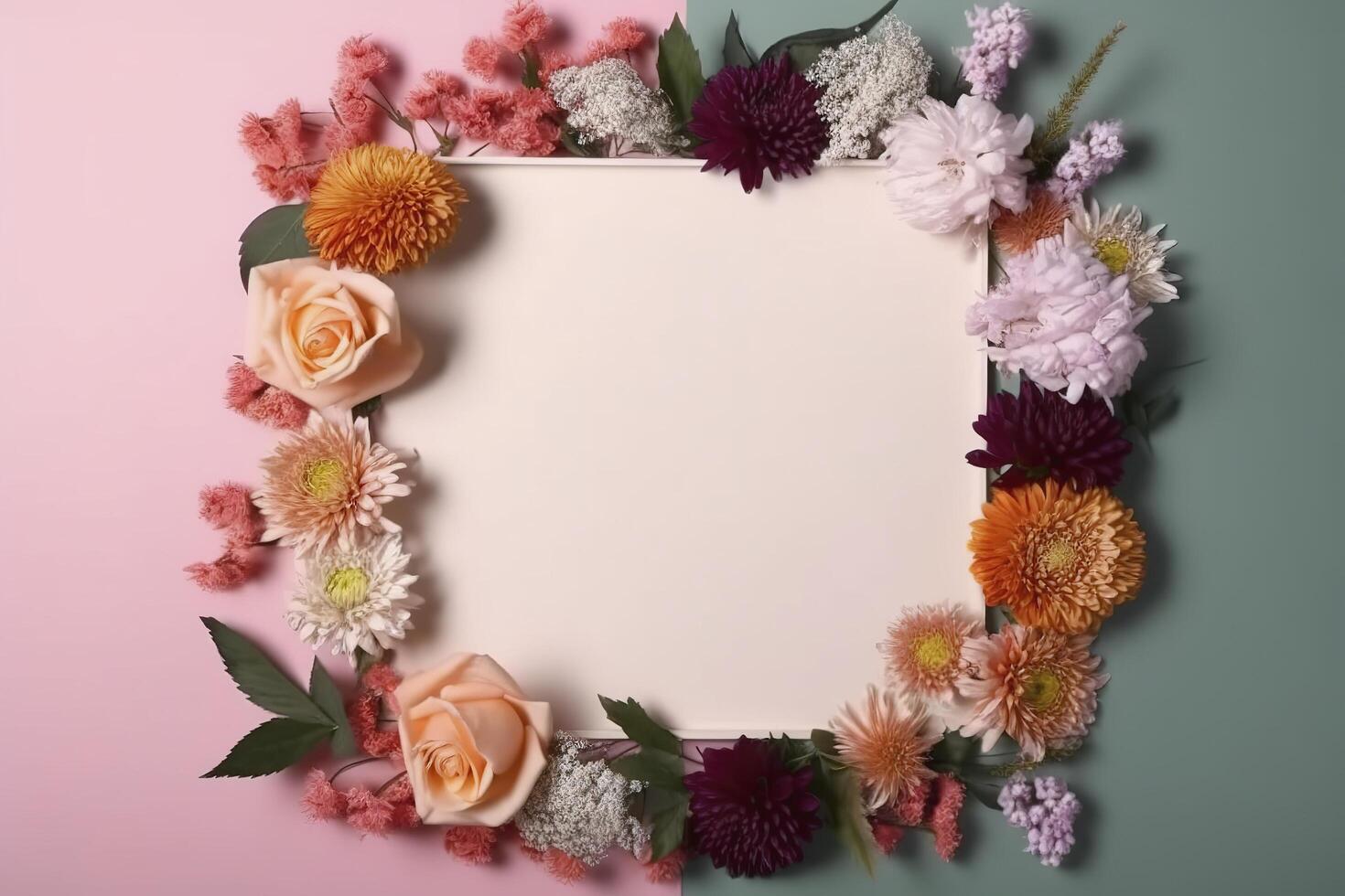 uma quadro, Armação decorado com flores, em branco espaço para texto. plano deitar, topo visualizar. floral quadro, quadro, Armação do flores floral fundo. Casamento convite, cumprimento cartão brincar. ai gerado foto