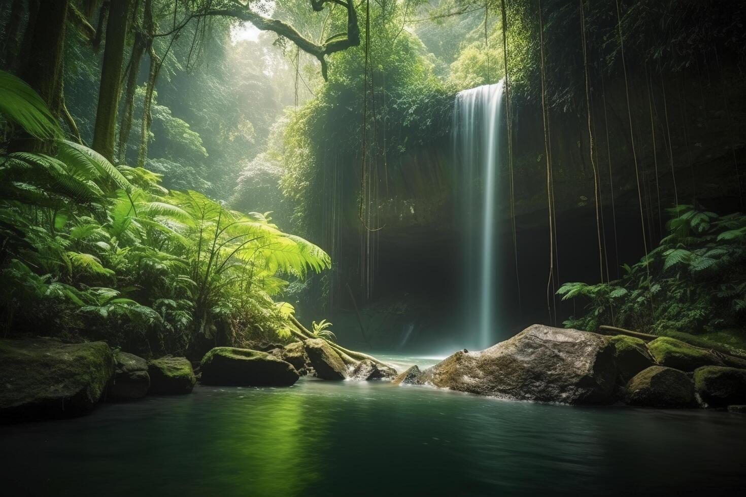 cascata dentro uma tropical selva generativo ai foto