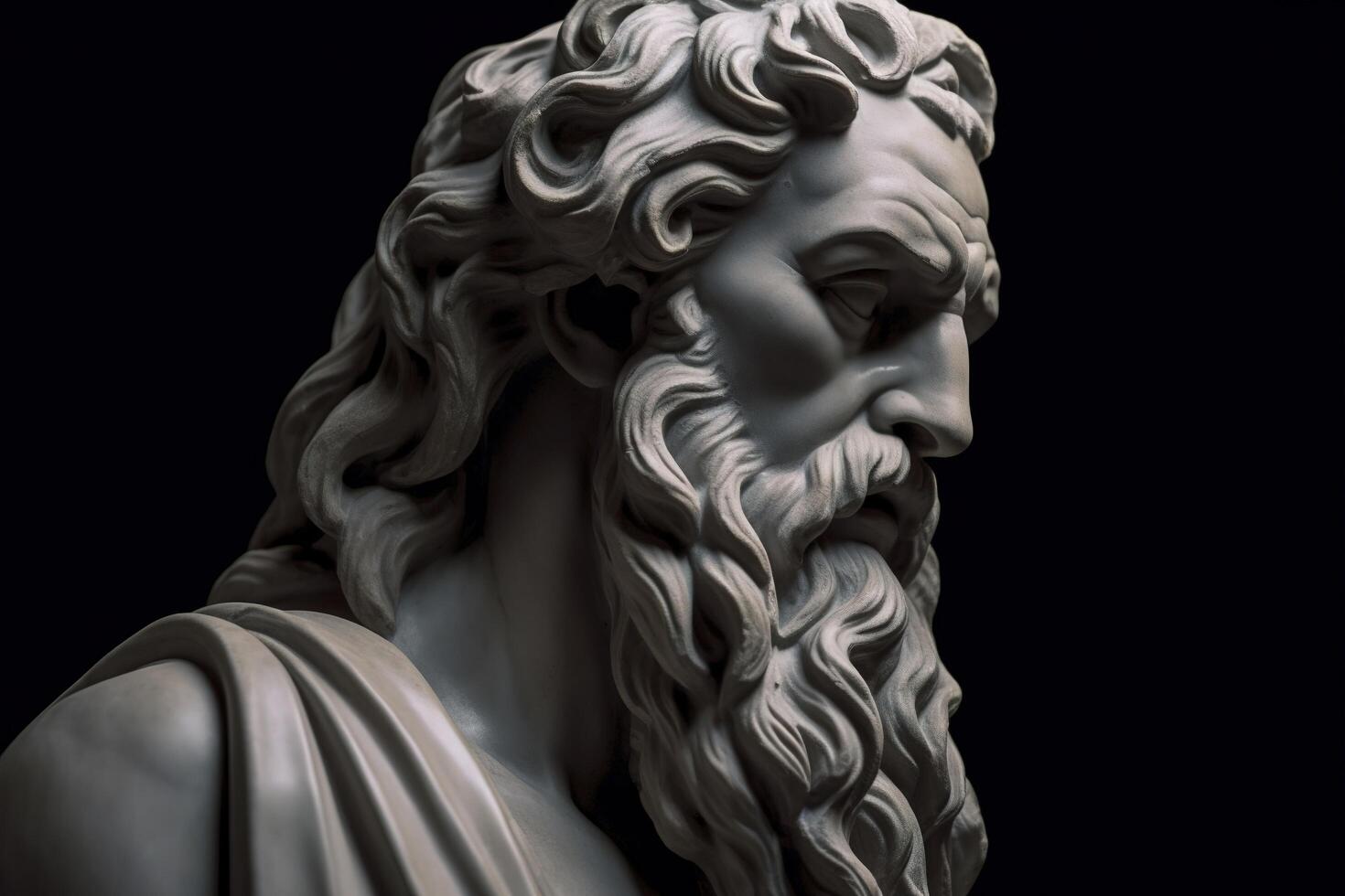cabeça do grego Deus escultura, estátua do uma homem com grandes barba em Sombrio fundo. ai gerado imagem. foto