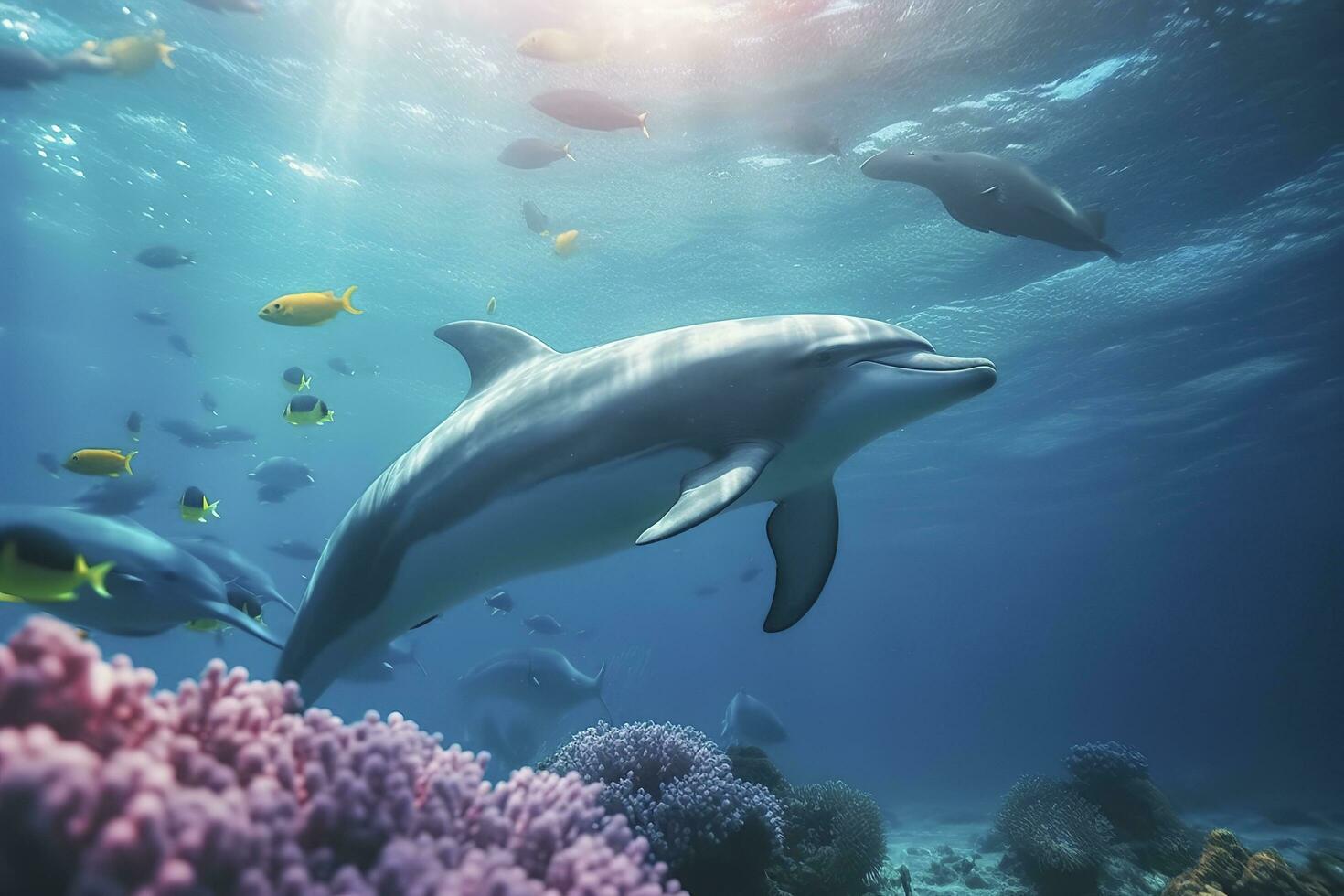 golfinhos natação dentro a submarino, lindo embaixo da agua e colorida coral dentro a selvagem natureza do a pacífico oceano, gerar ai foto