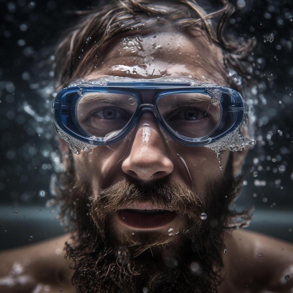 homem face embaixo da agua dentro à prova d'água óculos ai gerado foto