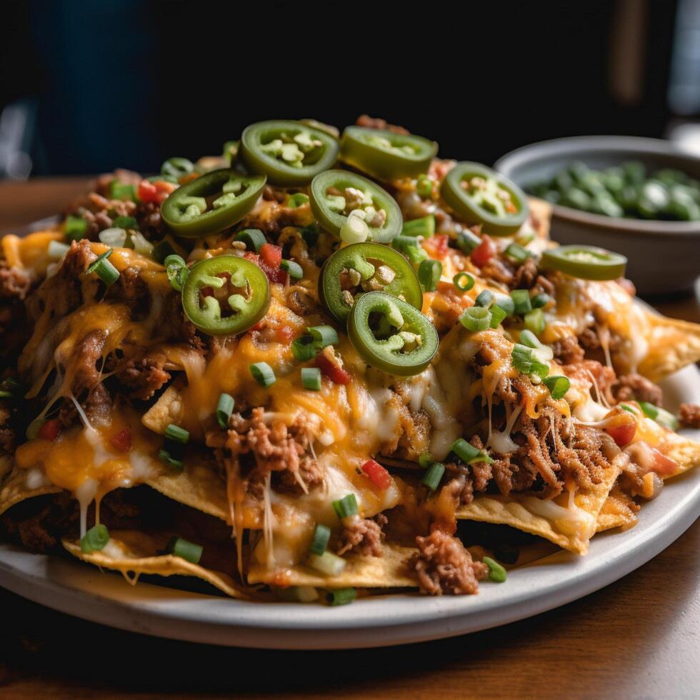 prato do nachos empilhado com derretido queijo ai gerado foto