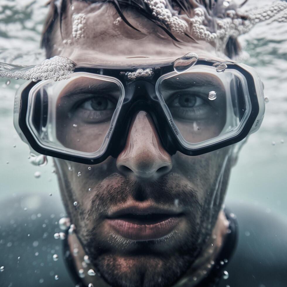 homem face embaixo da agua dentro à prova d'água óculos ai gerado foto