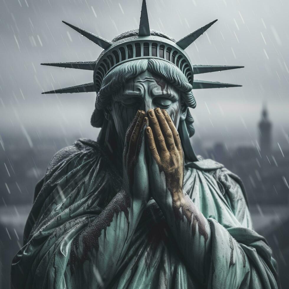 estátua do liberdade chorando com dela mãos cobertura dela face, chovendo fora, cidade fundo, gerar ai foto
