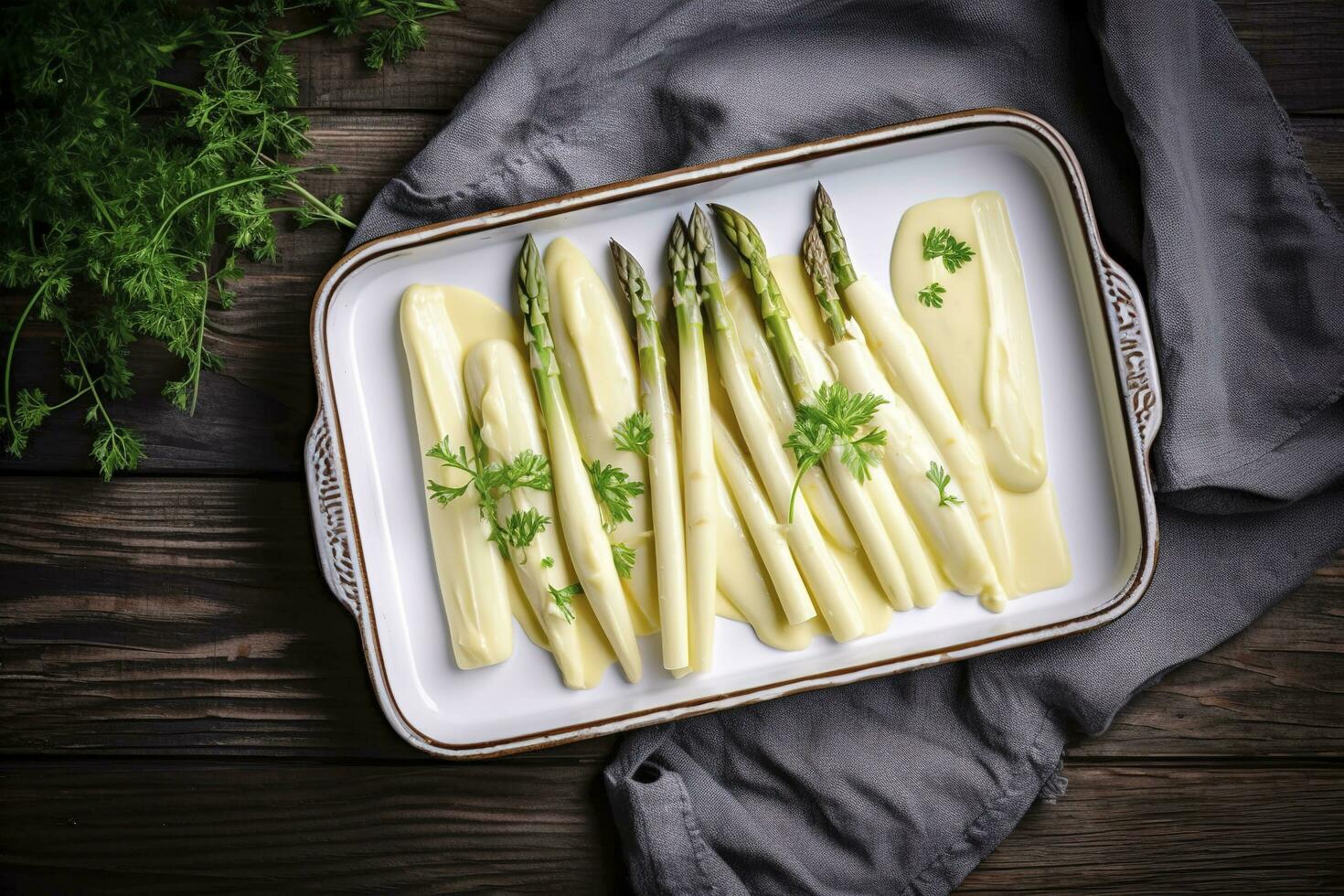 tradicional cozido no vapor branco espargos com Hollandaise molho e ervas Como uma topo Visão dentro a esmalte bandeja em a velho madeira mesa com cópia de espaço em a certo, gerar ai foto