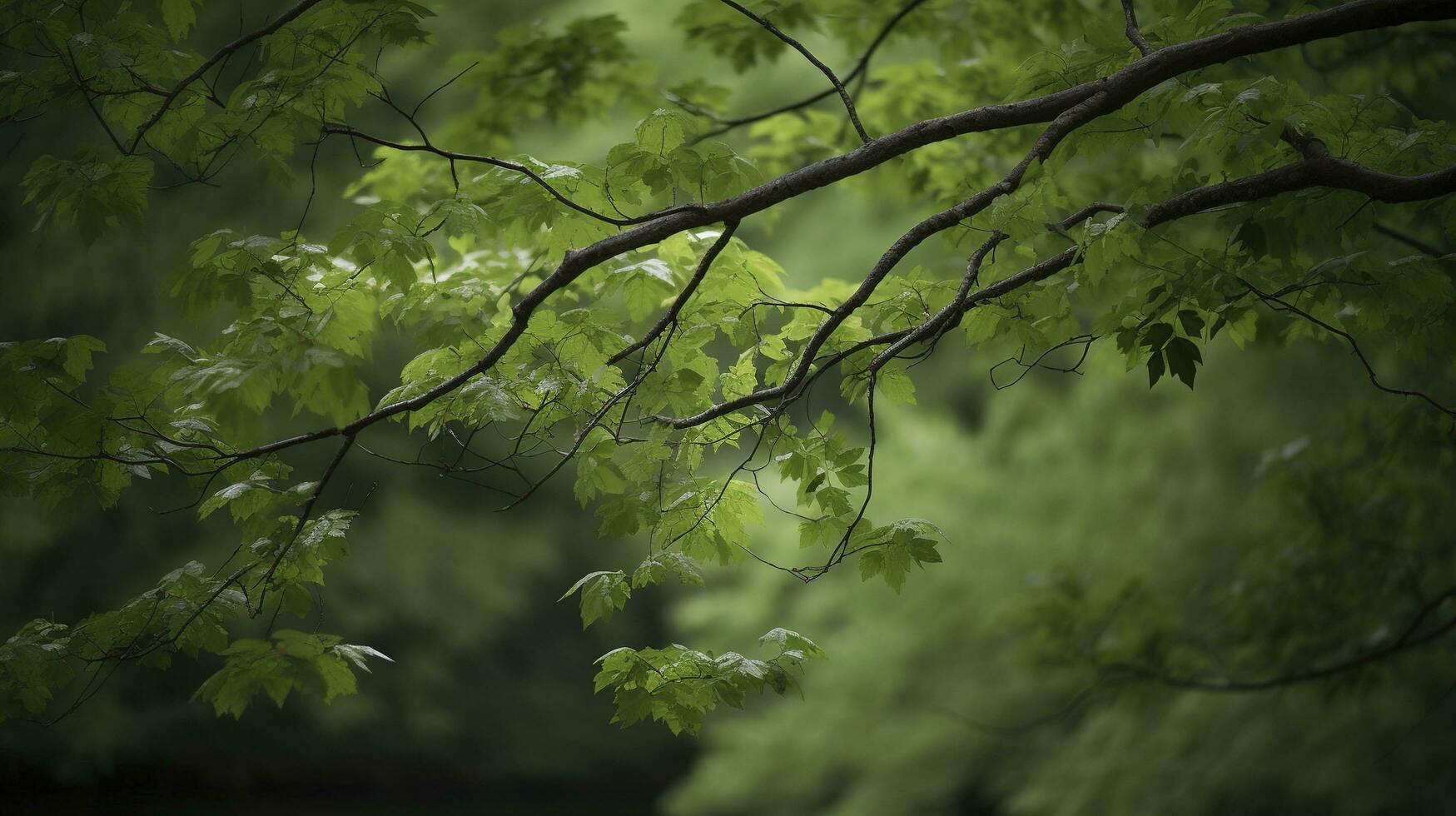 terra dia e mundo meio Ambiente dia, primavera, tropical árvore folhas e ramo com lindo verde floresta fundo, gerar ai foto