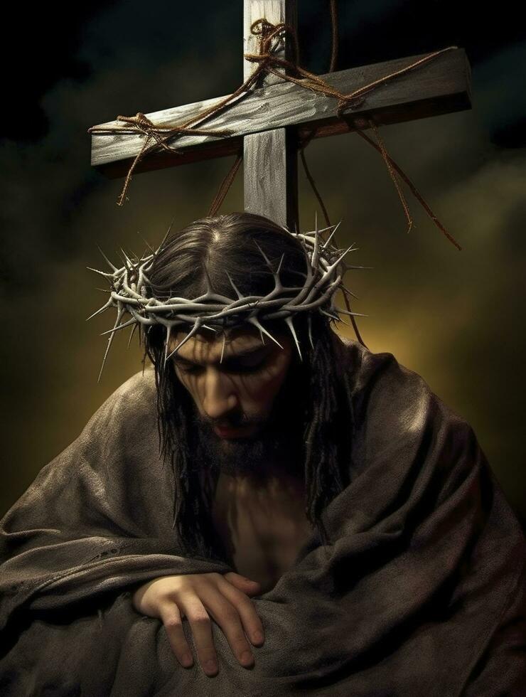 a sofrimentos do Jesus Cristo dentro a coroa do espinhos. ai gerativ. foto