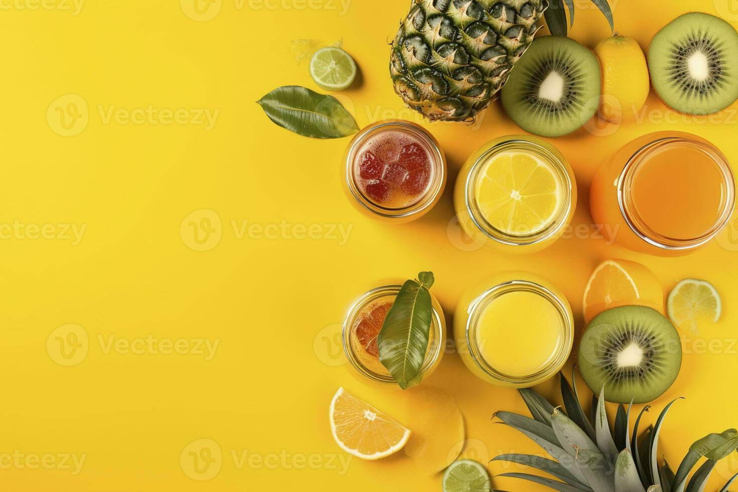 adicionar uma pop do cor para seu verão marketing com isto vibrante topo Visão plano deitar foto do citrino suco coquetéis dentro vidro jarros, ananás, laranja, kiwi conjunto contra uma na moda amarelo fundo, gerar ai