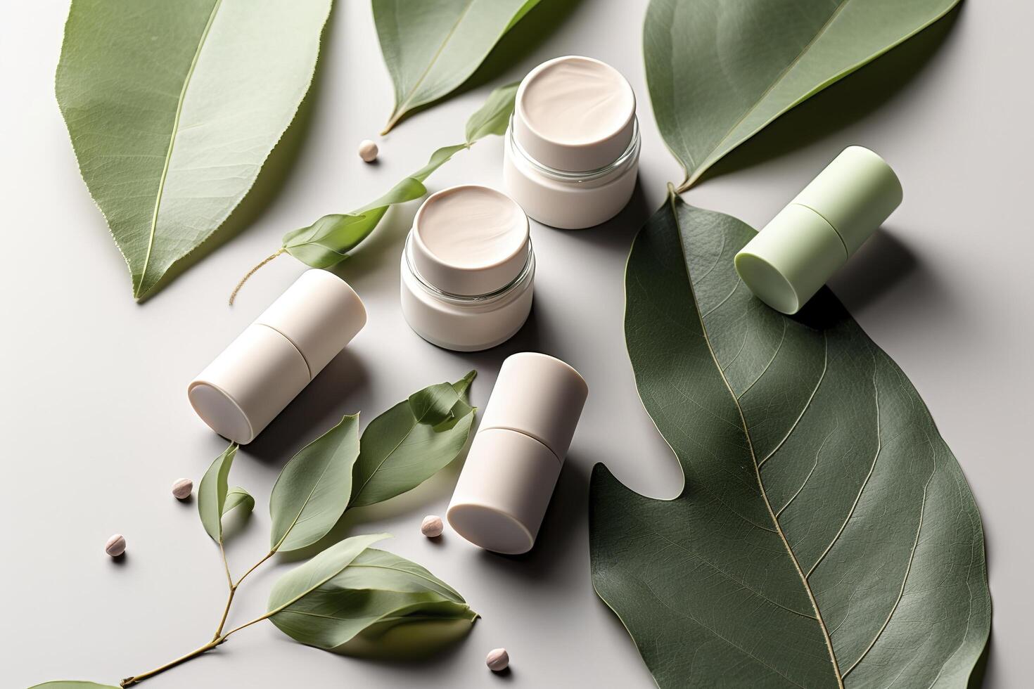 eco amigáveis cosméticos decorado com verde folhas, orgânico facial cuidados com a pele, Maquiagem e pele Cuidado Cosmético Unid. ai gerado imagem. foto