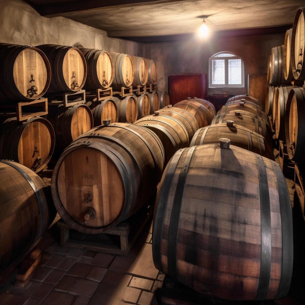 armazenamento do vinho dentro de madeira barris ai gerado foto